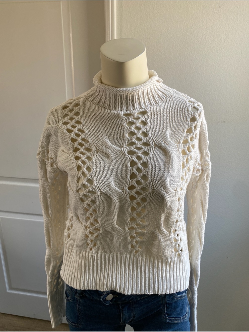 Express Cream Openwork Cable Knit Turtleneck Sweater